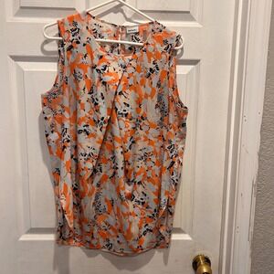 DKNY Womens Large Orange Abstract Print Sleeveless Pleated Front Blouse Resort
